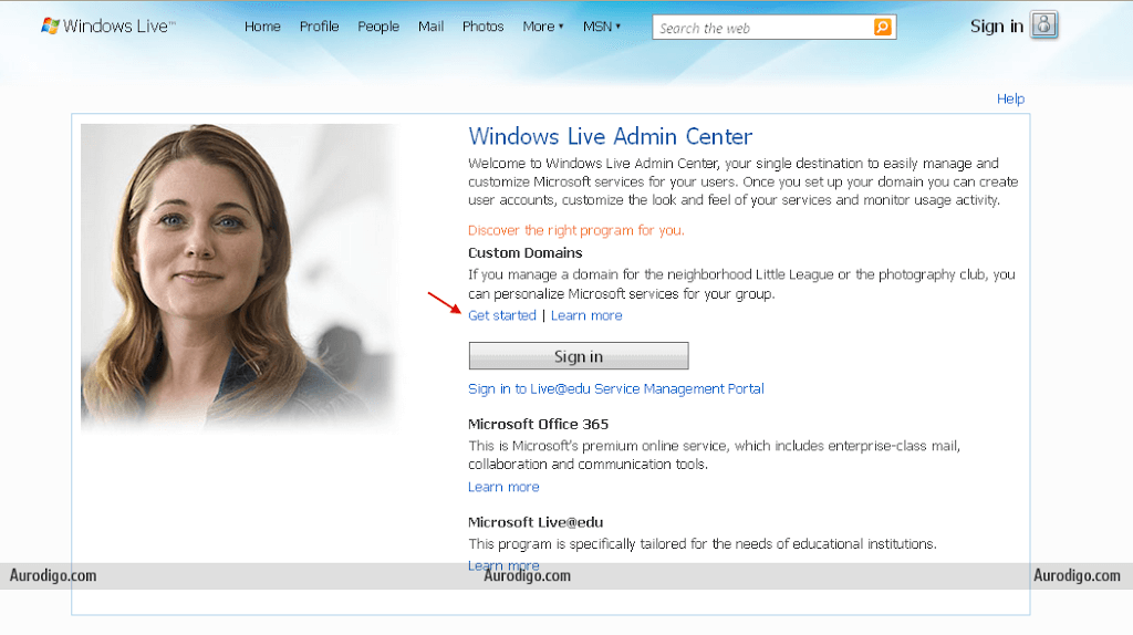 Windows live admin center page