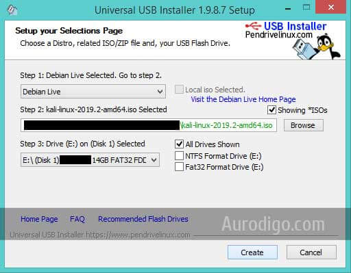 Universal USB Installer Settings - Debian Live Kali Linux