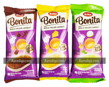 Bolu Telur Roma Bonita 3 Varian Rasa: Cokelat, Keju Susu, dan Kelapa Pandan.